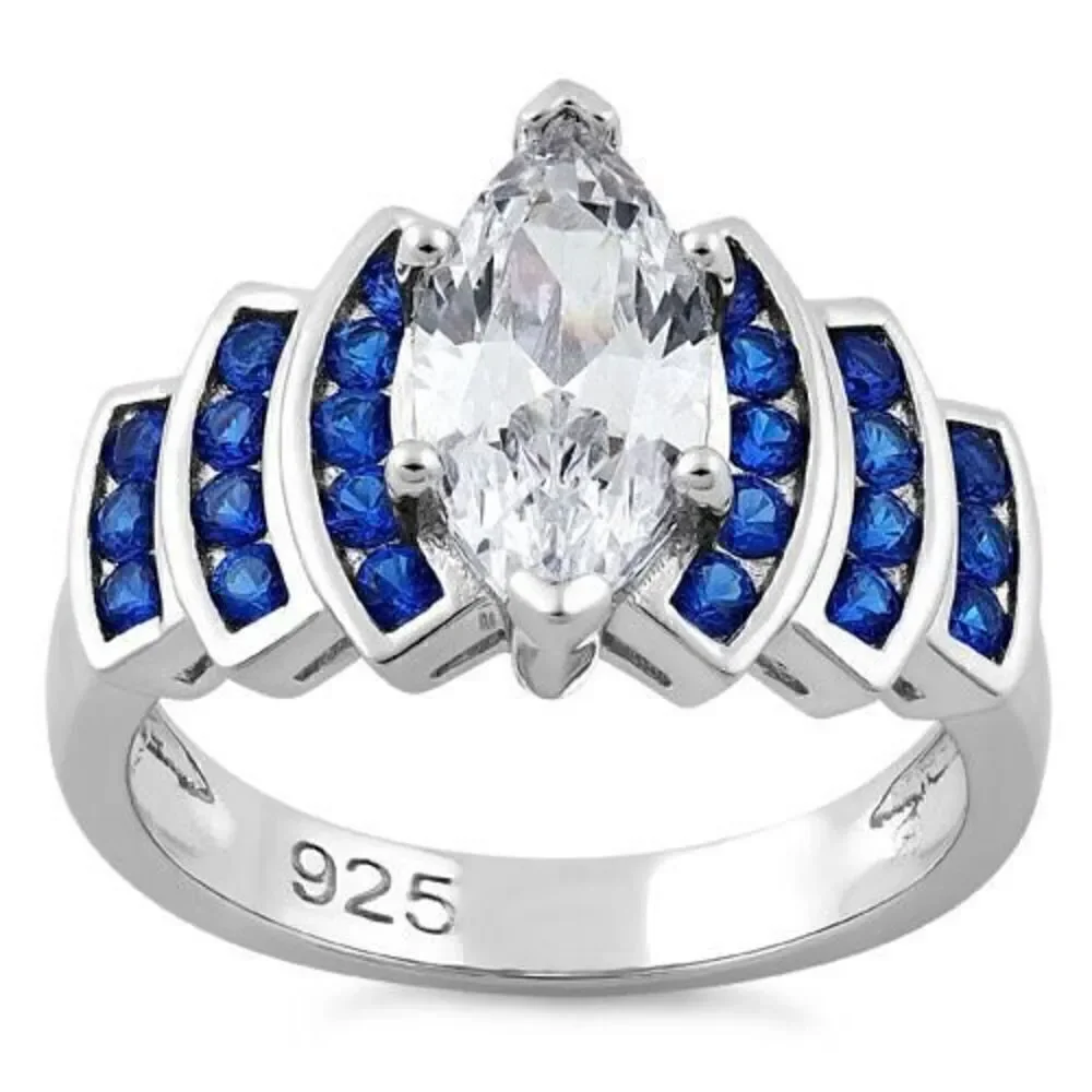 Sterling Silver Elegant Blue Spinel Marquise Clear CZ Ring New
